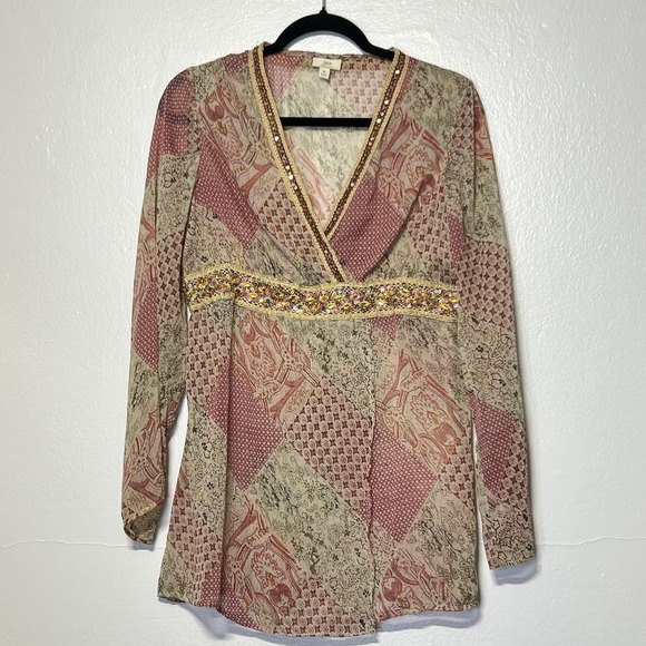 J. Jill Tops - J. Jill Pink Patchwork Pattern Jewel Sheer V-Neck‎ Long Sleeve Blouse Sz M Fairy